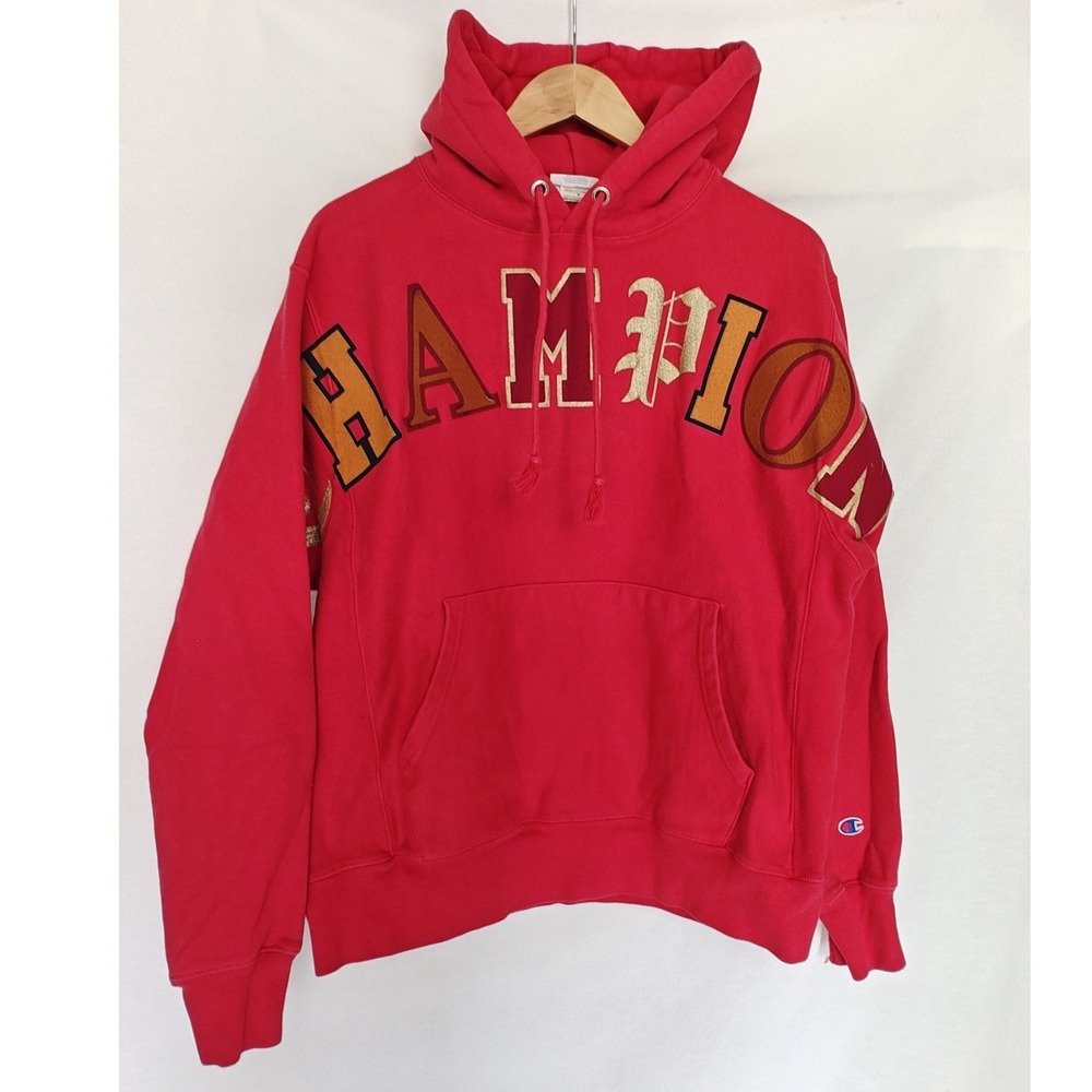 Champion Reverse Weave Hoodie Pullover‎ Sweatshirt Spell Out Logo Red Medium M